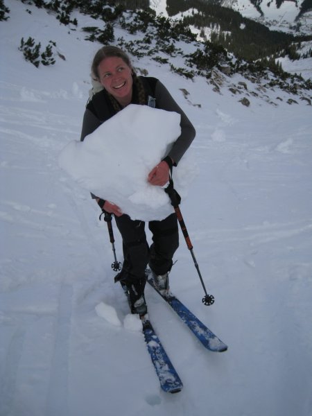 Frauke about to throw a snowball 2 (Ski Touring, Tannheimer Tal, Austria)