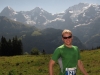 Cris with Eiger, Jungfrau behind (Inferno Half marathon, Switzerland)
