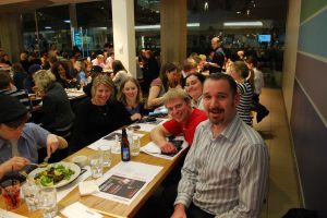 Annalie, Cass, Cris, and Ben eating out (London, England)