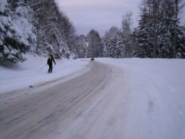 Skiing down the access road (Ski Touring, Schwarzwald, Germany)