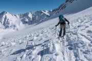 Leonie skiing through debris (Arlberger Winterklettersteig March 2017)