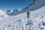 Leonie skis through debris (Arlberger Winterklettersteig March 2017)