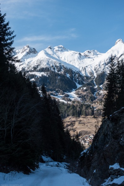 View down towards Pettneu (Arlberger Winterklettersteig March 2017)