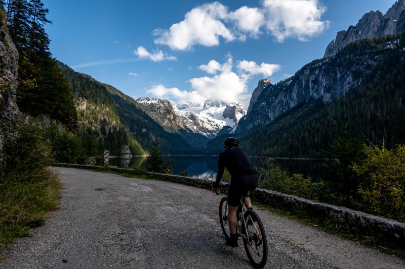 Johannes riding with snow behind (Autumn adventures Dachstein Sept 2024)