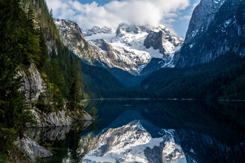 Snowy mountains behind Lake Gosau (Autumn adventures Dachstein Sept 2024)