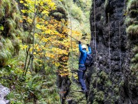 Johannes crossing a bridge (Autumn adventures Dachstein Sept 2024)
