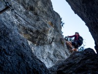 Rachel almost deploying the alpine knee (Autumn adventures Dachstein Sept 2024)