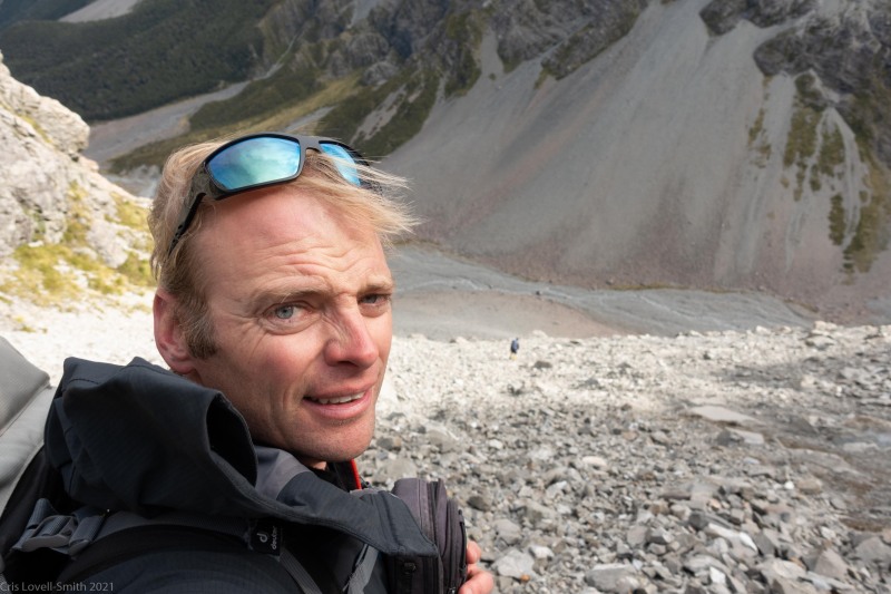 Cris on the scree (Avalanche Crow Tramp April 2021)