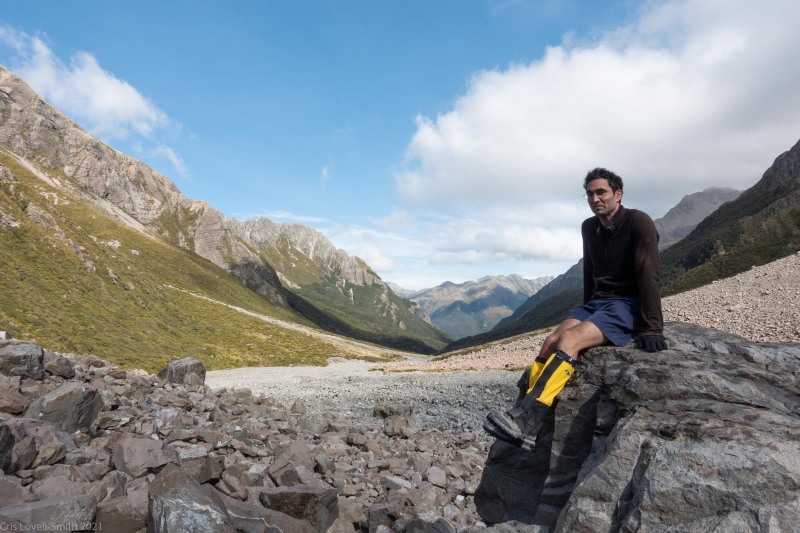 Jeremy on a rock (Avalanche Crow Tramp April 2021)