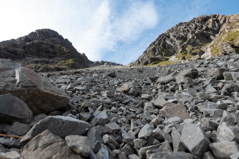 Looking back up the scree (Avalanche Crow Tramp April 2021)
