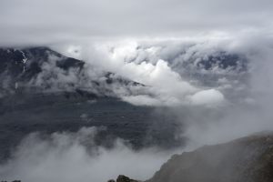 View through the clouds to Tasman Glacier (Ball Pass Dec 2013)