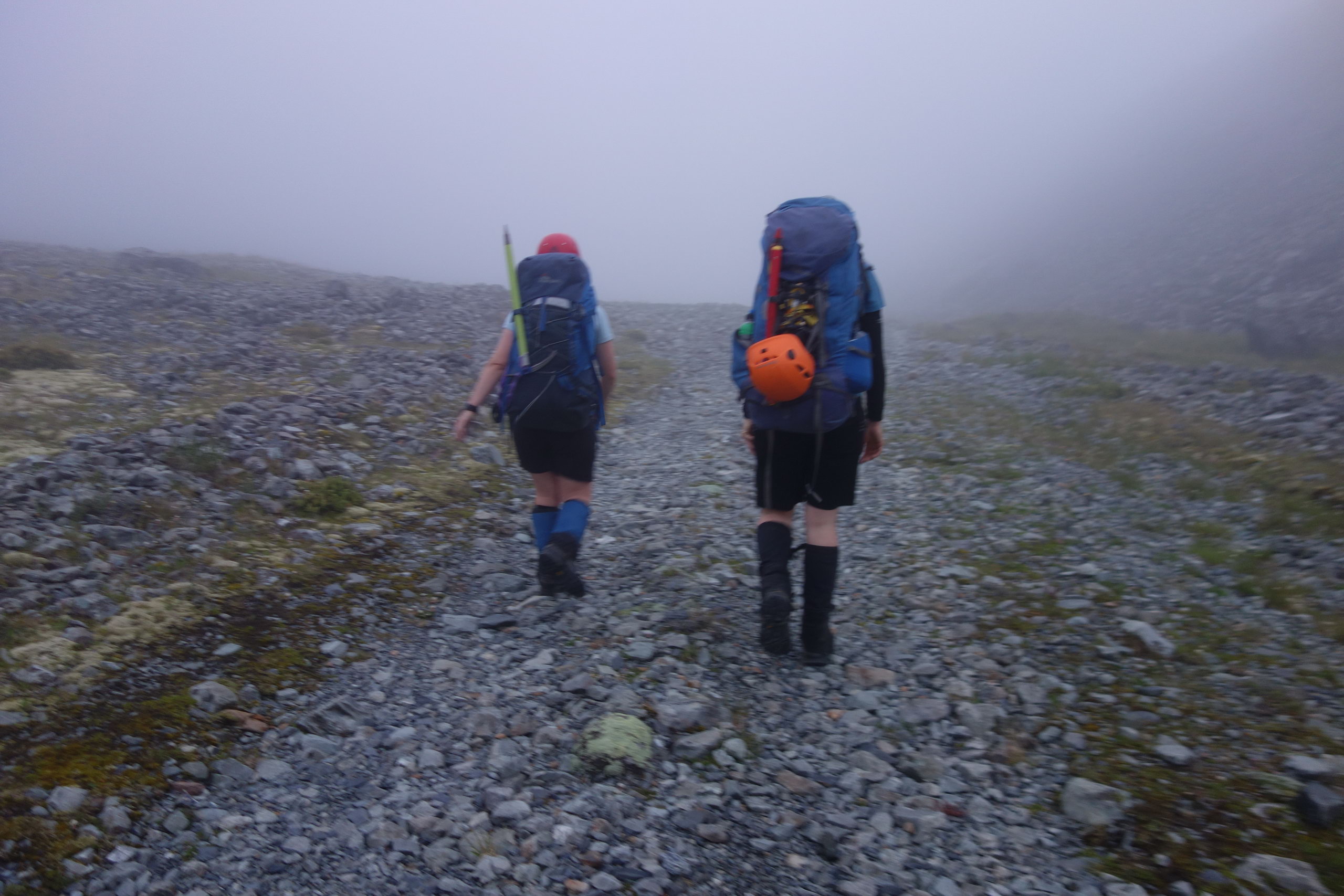 Gina and Hazel heading off into the mist (Ball Pass Dec 2013)
