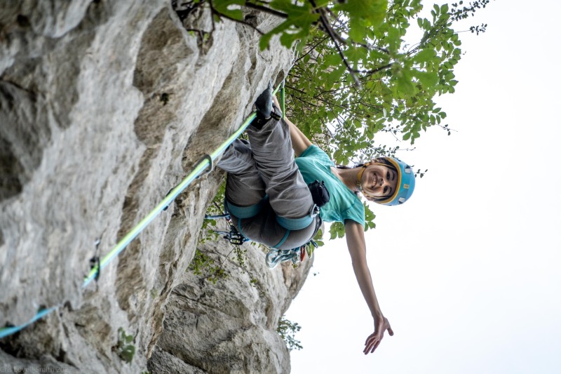 Ari waves from the top of the climb (Climbing Croatia Oct 2022)