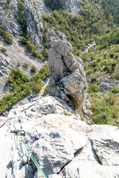 Leading the 4c pitch (Climbing Croatia Oct 2022)