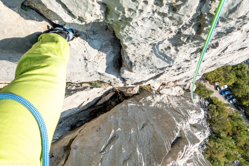 Looking back down in search of the last bolt (Climbing Croatia Oct 2022)