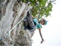 Ari waves from the top of the climb (Climbing Croatia Oct 2022)