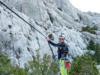 Cris on a rope bridge (Climbing Croatia Oct 2022)