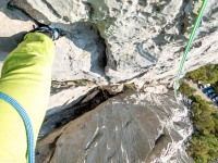 Looking back down in search of the last bolt (Climbing Croatia Oct 2022)