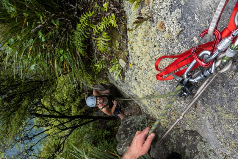 Rachel on second (Climbing Kawakawa Bay Jan 2022)
