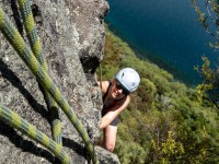Rachel looking up on Reggae Shark (Climbing Kawakawa Bay Jan 2022)
