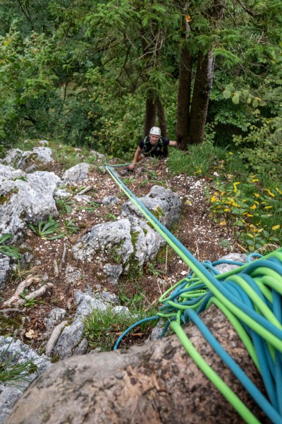 Cris climbing up after Ari (Plombergstein Sept 2025)