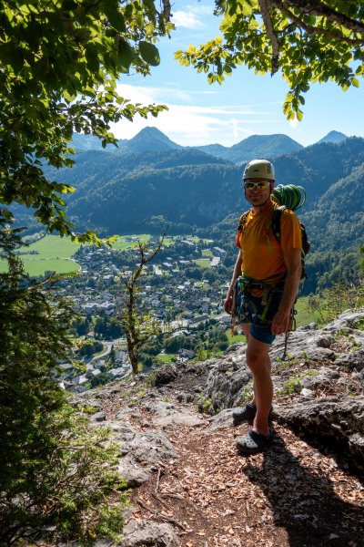 Cris with rope at the top of Flipperl (Plombergstein Sept 2025)