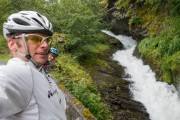 Cris, Leonie, and waterfall (Cycle Touring Norway 2016)