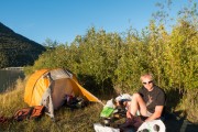 Cris and tent (Cycle Touring Norway 2016)