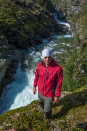 Cris and waterfall (Cycle Touring Norway 2016)