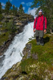 Cris and waterfall (Cycle Touring Norway 2016)