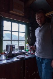 Cris in a hut (Cycle Touring Norway 2016)