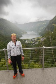 Cris with Geiranger below (Cycle Touring Norway 2016)