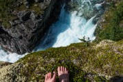 Feet and waterfall (Cycle Touring Norway 2016)