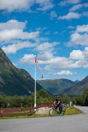 Leonie and Norwegian flag (Cycle Touring Norway 2016)