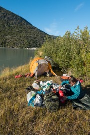 Leonie and tent (Cycle Touring Norway 2016)