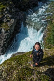 Leonie and waterfall (Cycle Touring Norway 2016)