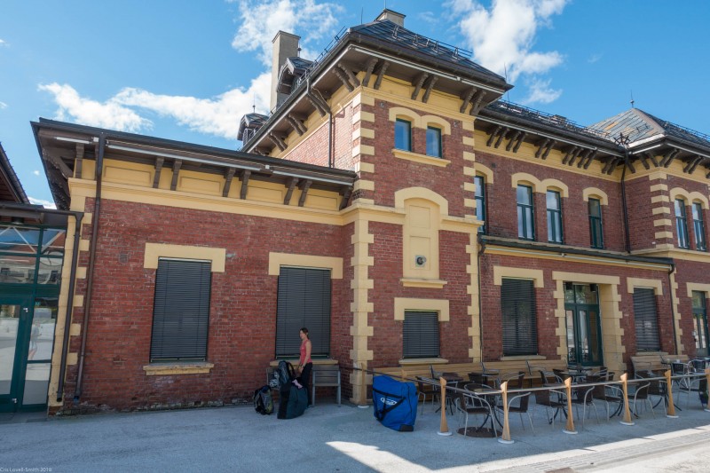 Leonie at the Lillehammer train station (Cycle Touring Norway 2016)