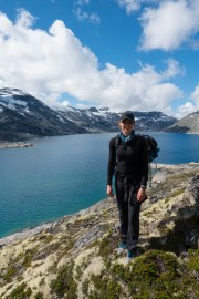 Leonie beside a lake (Cycle Touring Norway 2016)