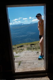 Leonie looking in the door (Cycle Touring Norway 2016)