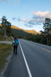 Leonie walking along the road (Cycle Touring Norway 2016)