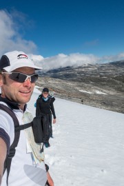 Us crossing a snow field (Cycle Touring Norway 2016)