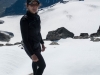 Leonie and snow at the summit (Cycle Touring Norway 2016)