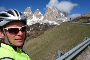 Cris nears Sella pass (Cycling  Dolomites)