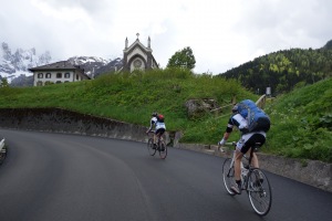 Thomas and Marco climbing Passo San Pellegrino (Cycling Dolomites)