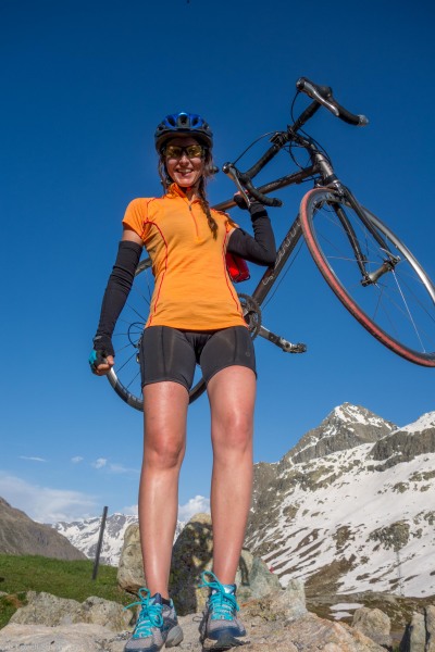 Leonie with her bike at Julierpass (Cycling Switzerland june 2014)
