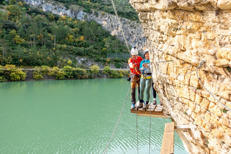 Mei getting ready to do the swing (Ferrata Adventures Ager Oct 2025)