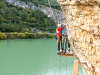 Mei getting ready to do the swing (Ferrata Adventures Ager Oct 2025)