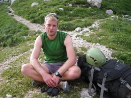 Cris looking tired at saddle (Triglav Nat. Park, Slovenia)