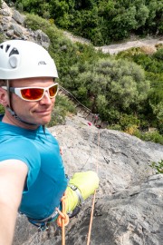 Cris at the top of a climb (Holidays in Sardinia May 2023)