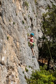 Ari climbing a much harder than expected 5c (Holidays in Sardinia April 2024)